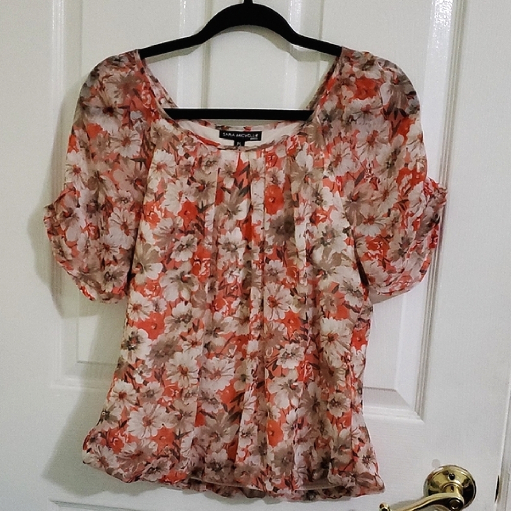 Sara Michelle Colorful Orange & Cream Floral Ruched Sleeves Blouson Top LP